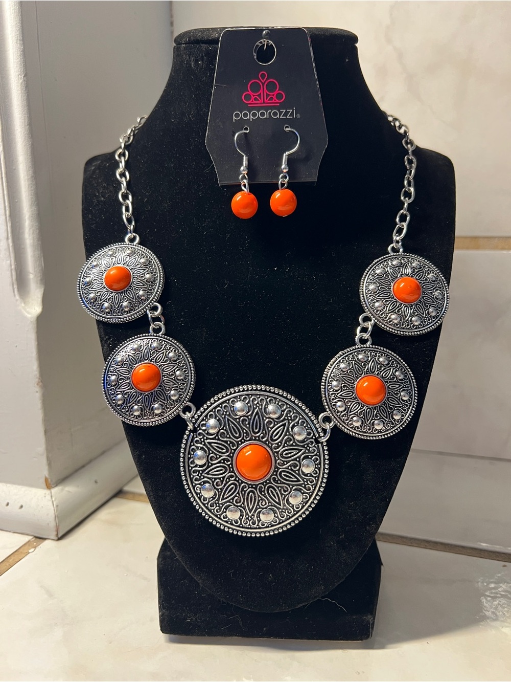 Paparazzi Orange and Silver Filigree Medallion Necklace with Earrings